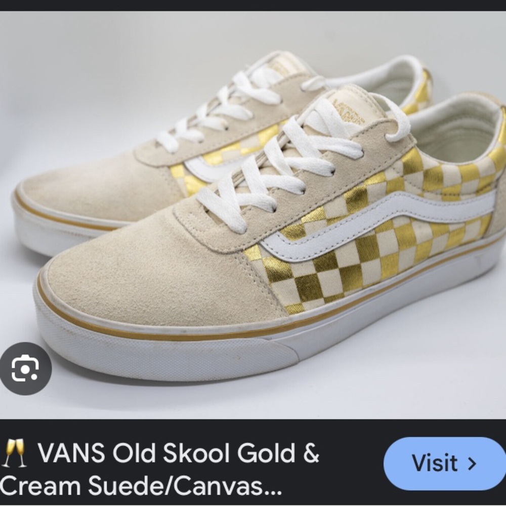 Vans Shiny Gold and Cream Suede Old Skool Checkerboard Shoes woman’s 9